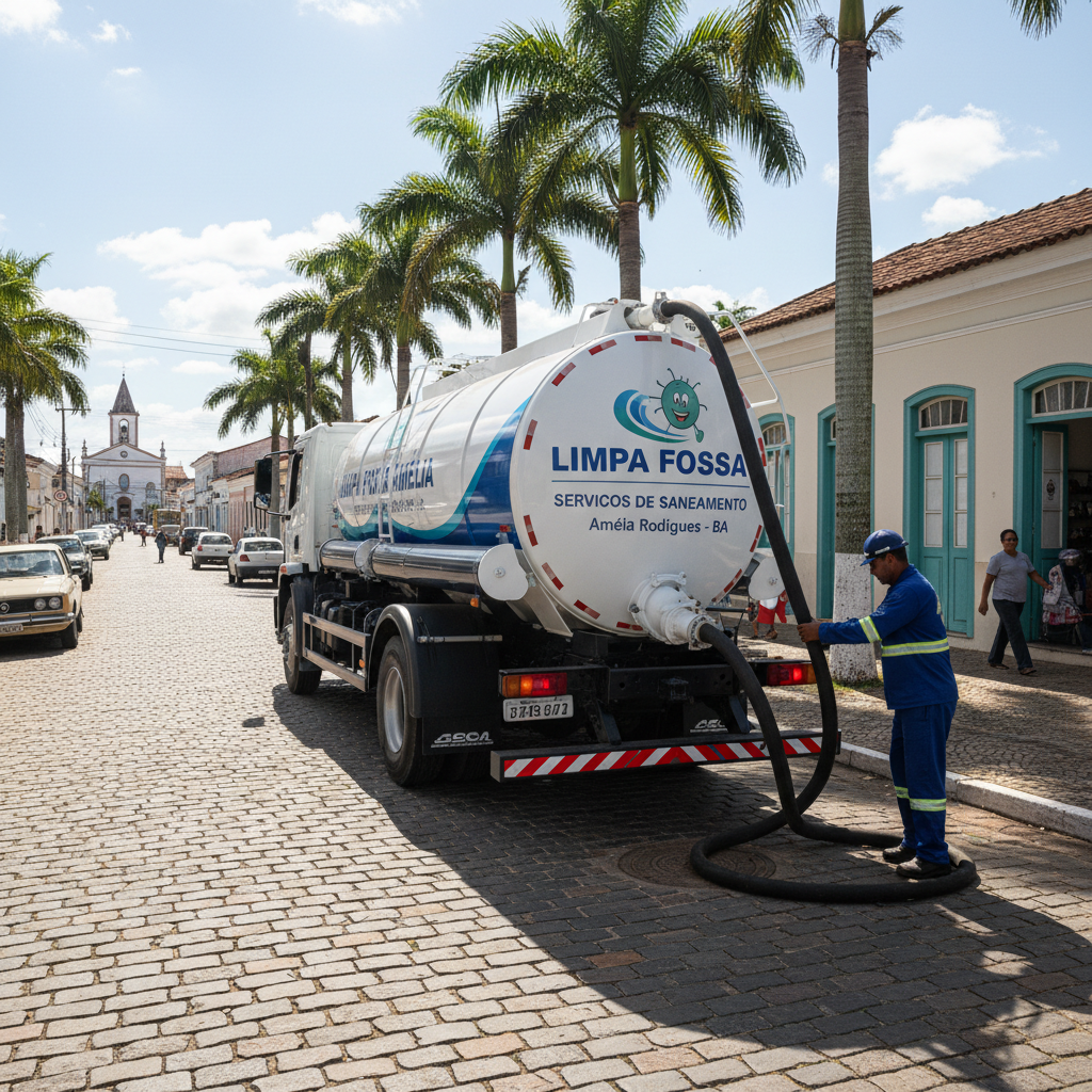 Limpa Fossa em Amélia Rodrigues — caminhão e equipe da Limpa Fossa atendendo 24h