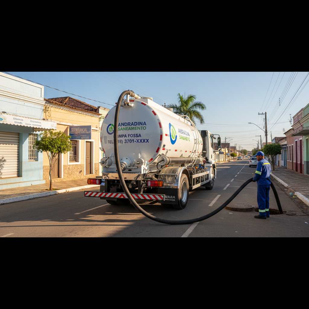 Limpa Fossa em Andradina SP — caminhão e equipe da Limpa Fossa atendendo 24h