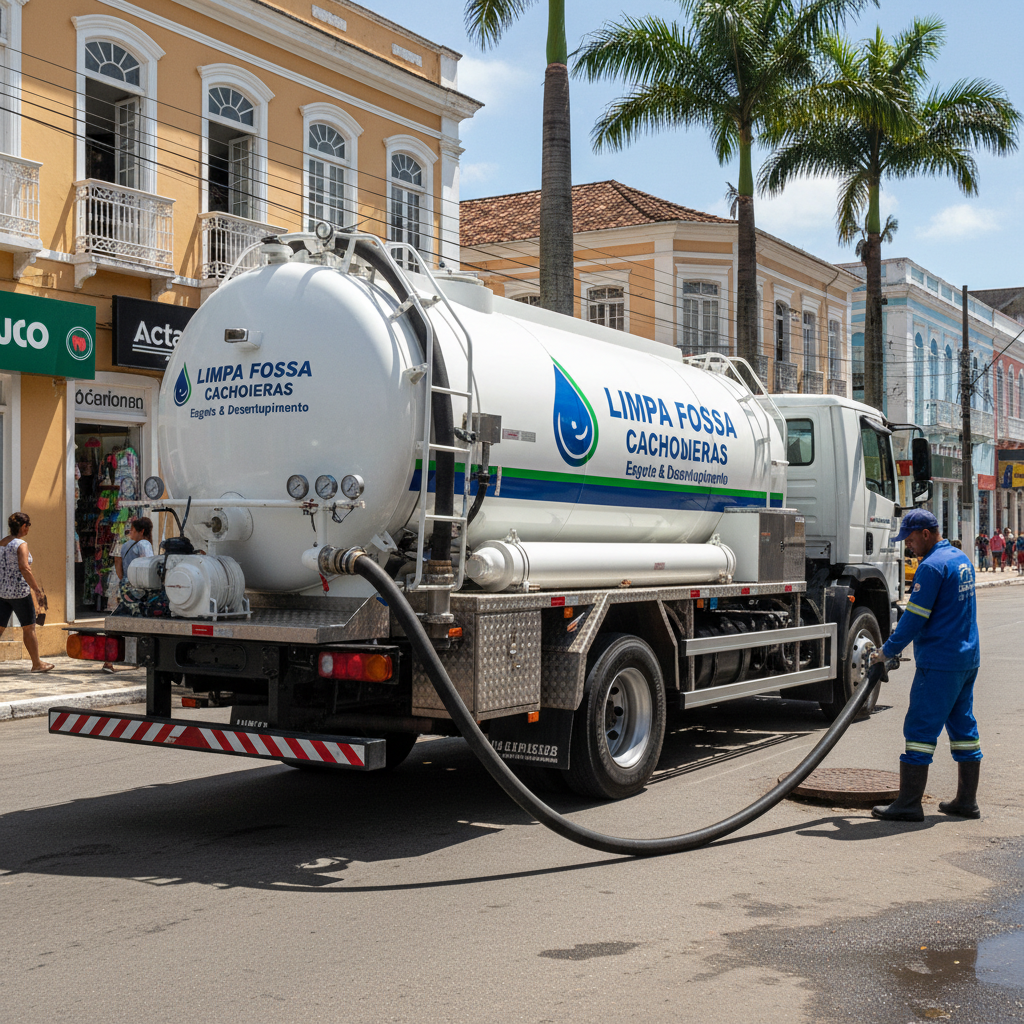 Limpa Fossa em Cachoeiras de Macacu — caminhão e equipe da Limpa Fossa atendendo 24h